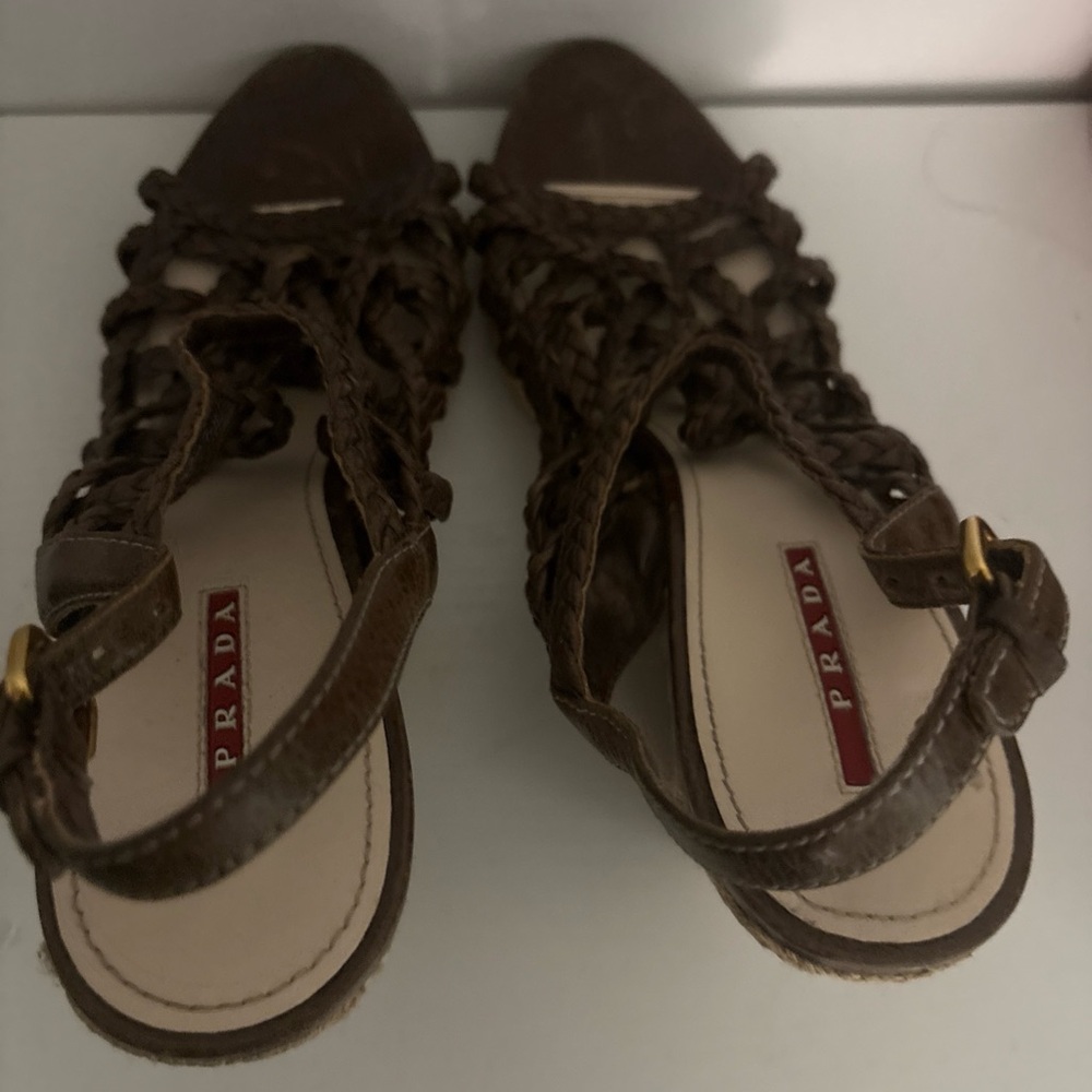 Prada Women's Brown Woven Wedges - Picture 5 of 12